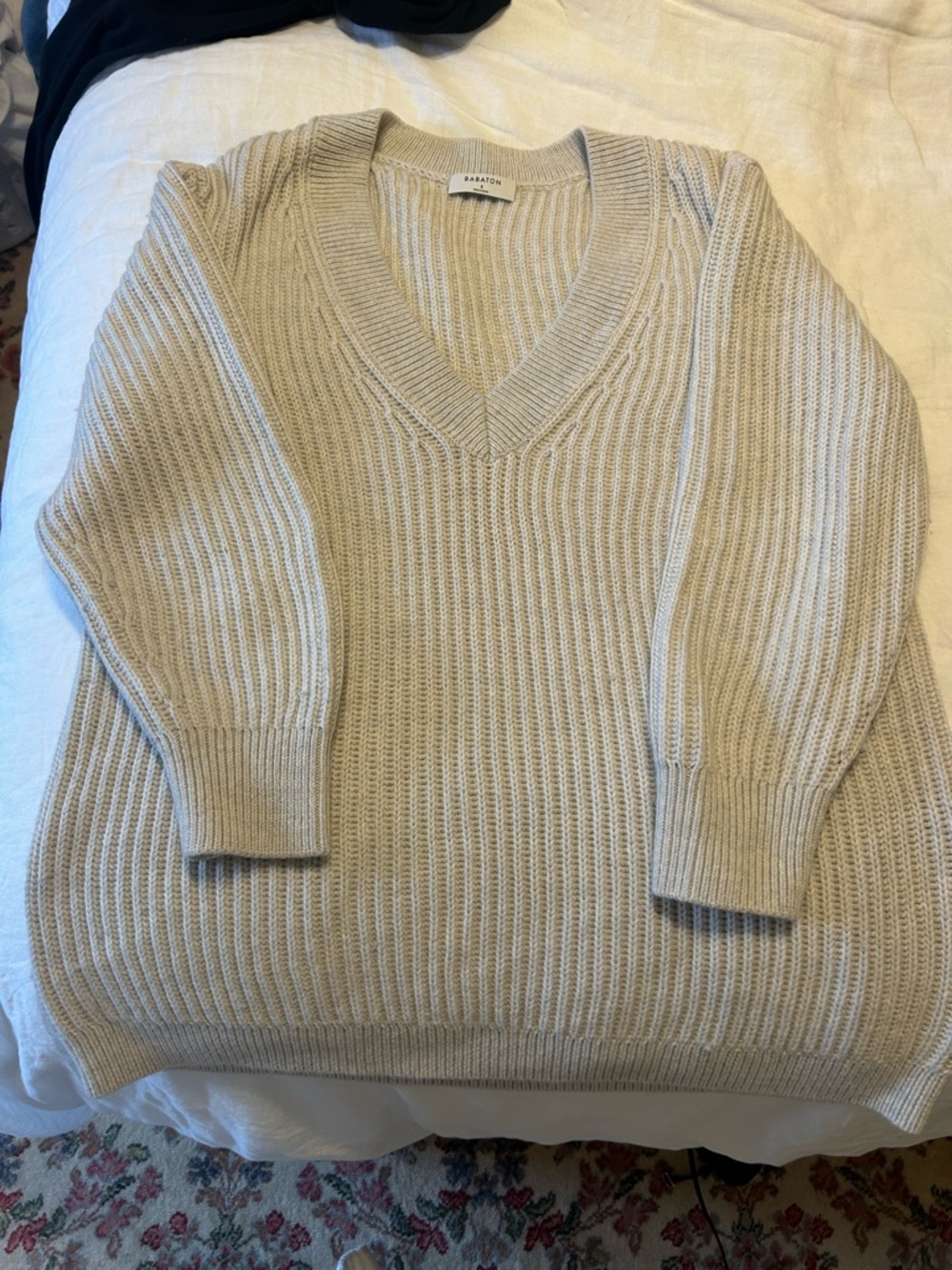 Aritzia Babaton Ribbed V-Neck Sweater in Light Beige
